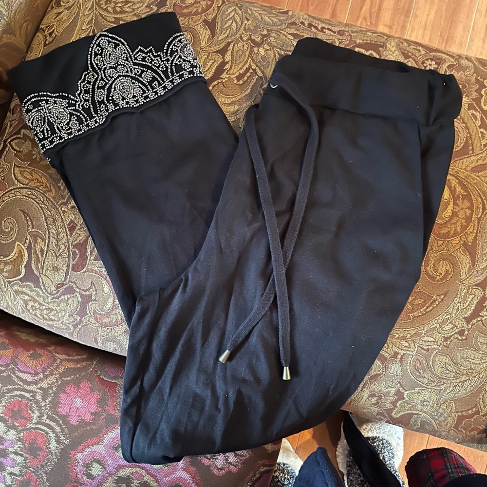 ANTHROPOLOGIE- Love Sam Black Beaded Cuff Embellished Joggers ~ Size XS